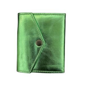 Metallic Green Leather Card Holder Wallet with Snap Button Closure